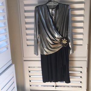 After dark vintage beautiful black gold silver mix metallic draped evening dress